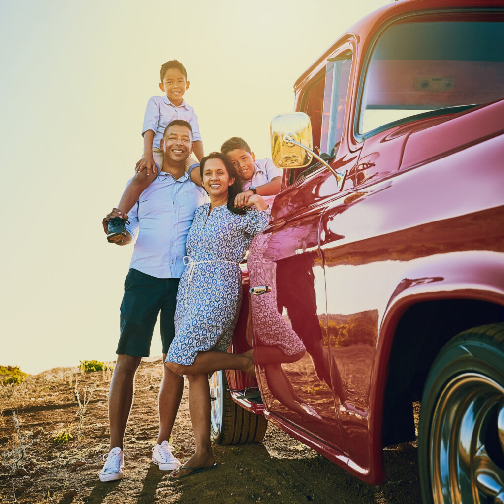 family-portrait-car-with-parents-road-trip-adventure-explore-holiday-weekend-vacation-travel-vintage-pickup-truck-mother-father-kids-journey-bonding-together