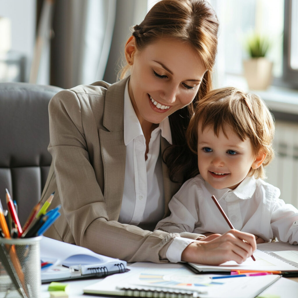 woman-child-are-sitting-desk-with-pens-pencils