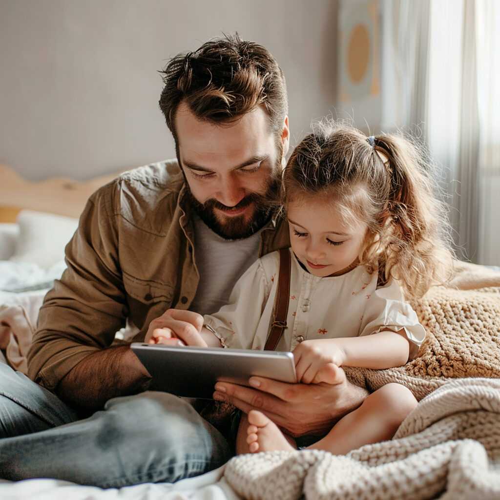 young-father-daughter-enjoying-movie-tablet-bed-smiling-bonding